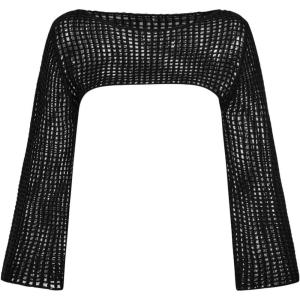 imageGirls Hollow Out Crochet Knit Crop Sweater Long Flare Sleeve Boat Neck Sheer Pullovers KnitwearBlack