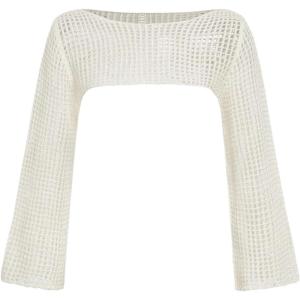imageGirls Hollow Out Crochet Knit Crop Sweater Long Flare Sleeve Boat Neck Sheer Pullovers KnitwearWhite