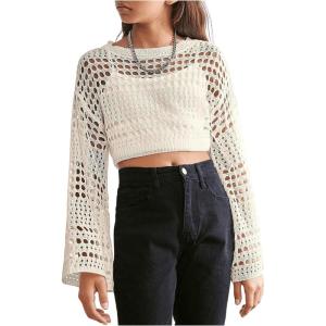 imageGirls Hollow Out Knitted Crop Sweater Long Sleeve Crew Neck Drop Shoulder Sheer Pullovers KnitwearApricot