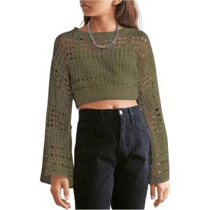 imageGirls Hollow Out Knitted Crop Sweater Long Sleeve Crew Neck Drop Shoulder Sheer Pullovers KnitwearArmy Green