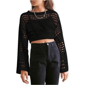 imageGirls Hollow Out Knitted Crop Sweater Long Sleeve Crew Neck Drop Shoulder Sheer Pullovers KnitwearBlack