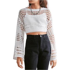 imageGirls Hollow Out Knitted Crop Sweater Long Sleeve Crew Neck Drop Shoulder Sheer Pullovers KnitwearWhite