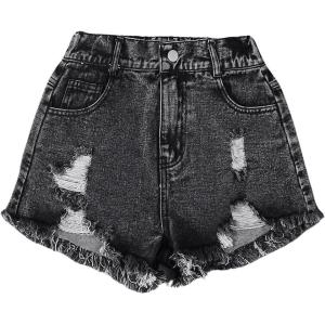 imageGirls Ripped Raw Hem Straight Leg Jean Shorts Elastic Waist Zipper Fly Denim ShortsBlack