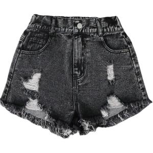 imageGirls Ripped Raw Hem Straight Leg Jean Shorts Elastic Waist Zipper Fly Denim ShortsLight Black