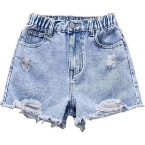 imageGirls Ripped Raw Hem Straight Leg Jean Shorts Elastic Waist Zipper Fly Denim ShortsLight Blue
