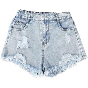 imageGirls Ripped Raw Hem Straight Leg Jean Shorts Elastic Waist Zipper Fly Denim ShortsLight Wash