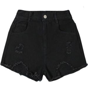 imageGirls Ripped Raw Hem Straight Leg Jean Shorts Elastic Waist Zipper Fly Denim ShortsPure Black