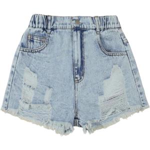 imageGirls Ripped Raw Hem Straight Leg Jean Shorts Elastic Waist Zipper Fly Denim ShortsPure Blue