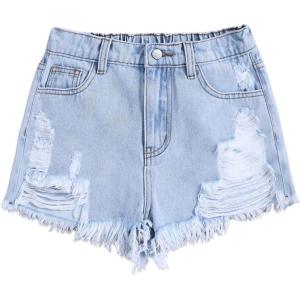 imageGirls Ripped Raw Hem Straight Leg Jean Shorts Elastic Waist Zipper Fly Denim ShortsSolid Blue