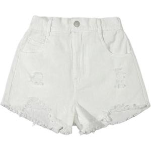imageGirls Ripped Raw Hem Straight Leg Jean Shorts Elastic Waist Zipper Fly Denim ShortsWhite