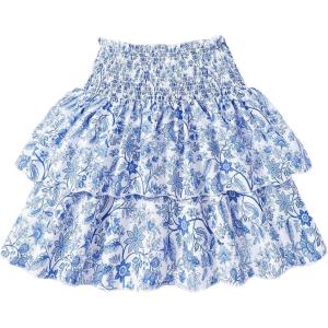 imageGirls Tiered Layer Shirred Boho Smocked Skirts Casual Cute High Waisted Pleated Ruffle Flowy Elastic SkirtsBlue
