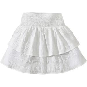 imageGirls Tiered Layer Shirred Boho Smocked Skirts Casual Cute High Waisted Pleated Ruffle Flowy Elastic SkirtsWhite