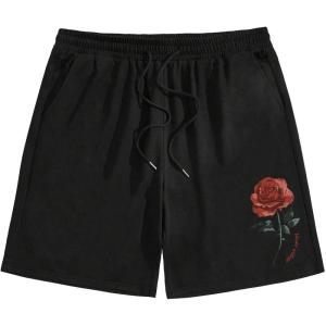 imageMens Floral Graphic Shorts Drawstring Waist Wide Leg Loose Summer Casual Track Shorts VintageBlack and Red