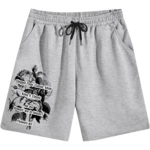 imageMens Floral Graphic Shorts Drawstring Waist Wide Leg Loose Summer Casual Track Shorts VintageGrey