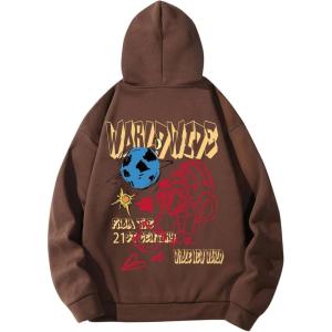 imageMens Hoodies Graphic Print Long Sleeve Drawstring Pullover Sweatshirt with Pocket TrendyCoffee Brown