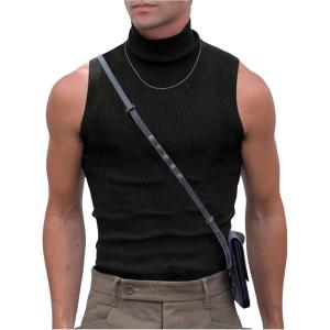 imageMens Mock Turtleneck Tank Tops Ribbed Knit Slim Fit Sleeveless Shirts Casual Basic Tee ShirtsBlack