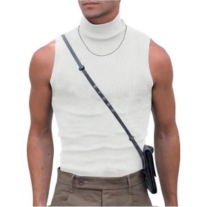 imageMens Mock Turtleneck Tank Tops Ribbed Knit Slim Fit Sleeveless Shirts Casual Basic Tee ShirtsWhite
