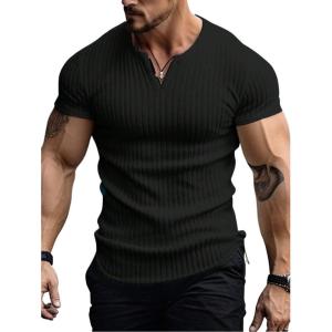 imageMens Ribbed Knit Notched V Neck Tees Casual Short Sleeve T Shirt Summer Basic TopsBlack