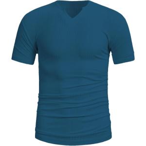 imageMens Ribbed Knit Notched V Neck Tees Casual Short Sleeve T Shirt Summer Basic TopsBlue