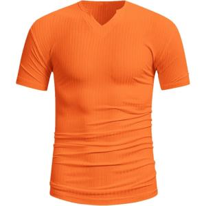 imageMens Ribbed Knit Notched V Neck Tees Casual Short Sleeve T Shirt Summer Basic TopsBurnt Orange