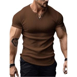 imageMens Ribbed Knit Notched V Neck Tees Casual Short Sleeve T Shirt Summer Basic TopsCoffee Brown