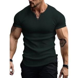 imageMens Ribbed Knit Notched V Neck Tees Casual Short Sleeve T Shirt Summer Basic TopsDark Green