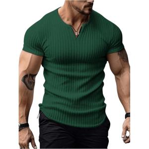 imageMens Ribbed Knit Notched V Neck Tees Casual Short Sleeve T Shirt Summer Basic TopsGreen