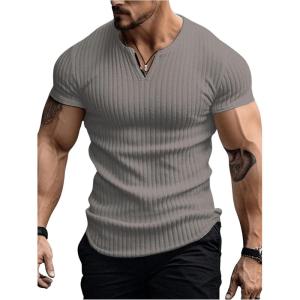 imageMens Ribbed Knit Notched V Neck Tees Casual Short Sleeve T Shirt Summer Basic TopsGrey