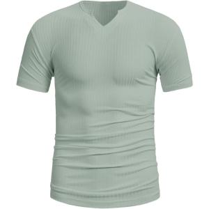 imageMens Ribbed Knit Notched V Neck Tees Casual Short Sleeve T Shirt Summer Basic TopsMint Green