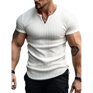 imageMens Ribbed Knit Notched V Neck Tees Casual Short Sleeve T Shirt Summer Basic TopsWhite