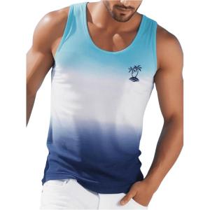 imageMens Tank Tops Summer Colorblock Scoop Neck Casual Sleeveless Shirts Gym Muscle Beach Tank TopsBlue With White