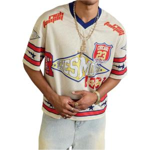 imageMens Y2K Mesh Jersey Shirts V Neck Half Sleeve Number Graphic Tees Color Block Sport T ShirtBeige