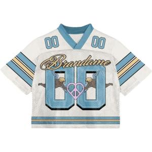 imageMens Y2K Mesh Jersey Shirts V Neck Half Sleeve Number Graphic Tees Color Block Sport T ShirtLight Blue