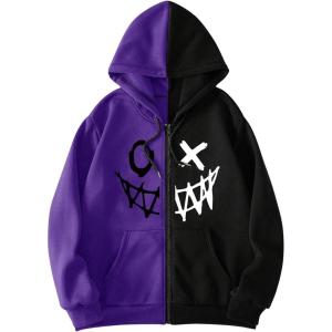 imageMens Zip Up Hoodies Graphic Long Sleeve Pullover Hoodies Sweatshirt Western Streetwear HoodiesPurple and Black