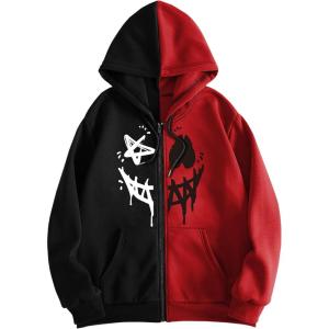 imageMens Zip Up Hoodies Graphic Long Sleeve Pullover Hoodies Sweatshirt Western Streetwear HoodiesRed and Black