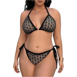 imageWomen Plus Size Thong Bikini Sets String Two Piece Halter Swimsuits with Tie Side BottomBlack