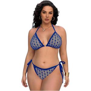 imageWomen Plus Size Thong Bikini Sets String Two Piece Halter Swimsuits with Tie Side BottomBlue