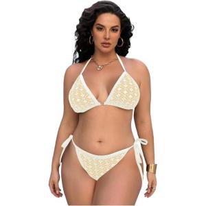 imageWomen Plus Size Thong Bikini Sets String Two Piece Halter Swimsuits with Tie Side BottomLight White