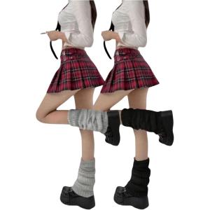 imageWomens 2 Pairs Ribbed Knit Leg Warmers Kawaii Preppy Boot Socks Y2K 80s Party Long Pile SocksGrey Black