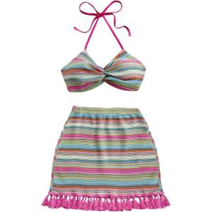 imageWomens 2 Piece Boho Vacation Summer Outfits Clothing Set Striped Backless Halter Tops and Fringe Short Skirt SetsMulticolor