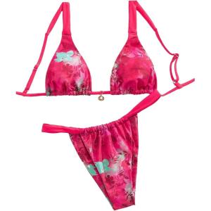 imageWomens 2 Piece Floral Tropical Print Bikini Set Boho Triangle Bathing Suit Tie Backless Swimsuit SetsBright Pink