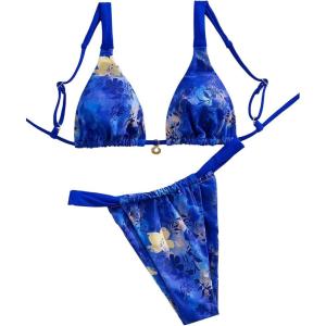 imageWomens 2 Piece Floral Tropical Print Bikini Set Boho Triangle Bathing Suit Tie Backless Swimsuit SetsDeep Blue
