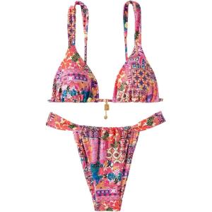 imageWomens 2 Piece Floral Tropical Print Bikini Set Boho Triangle Bathing Suit Tie Backless Swimsuit SetsDeep Pink