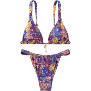 imageWomens 2 Piece Floral Tropical Print Bikini Set Boho Triangle Bathing Suit Tie Backless Swimsuit SetsDeep Purple