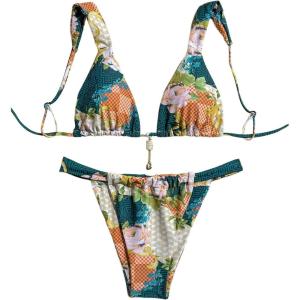 imageWomens 2 Piece Floral Tropical Print Bikini Set Boho Triangle Bathing Suit Tie Backless Swimsuit SetsFloral Green