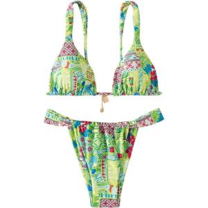 imageWomens 2 Piece Floral Tropical Print Bikini Set Boho Triangle Bathing Suit Tie Backless Swimsuit SetsGreen