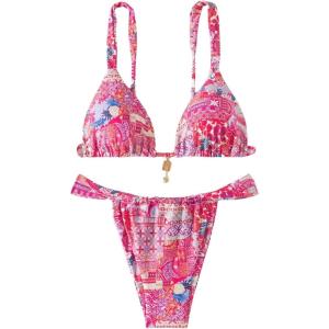 imageWomens 2 Piece Floral Tropical Print Bikini Set Boho Triangle Bathing Suit Tie Backless Swimsuit SetsHot Pink
