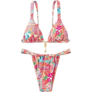 imageWomens 2 Piece Floral Tropical Print Bikini Set Boho Triangle Bathing Suit Tie Backless Swimsuit SetsMulticolor