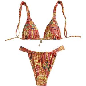 imageWomens 2 Piece Floral Tropical Print Bikini Set Boho Triangle Bathing Suit Tie Backless Swimsuit SetsOrange Patterned