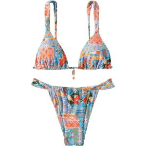 imageWomens 2 Piece Floral Tropical Print Bikini Set Boho Triangle Bathing Suit Tie Backless Swimsuit SetsOrange and Blue